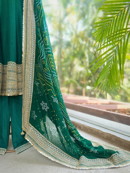 Emerald Green Anarkali Palazzo Set with Bandhej Dupatta and Border Work