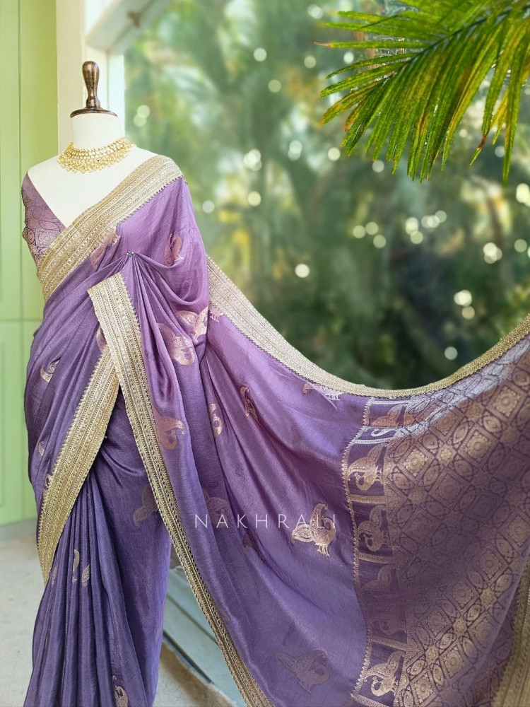 Image of Tavira Lavender Saree with Broad Border and Unstitched Blouse Piece