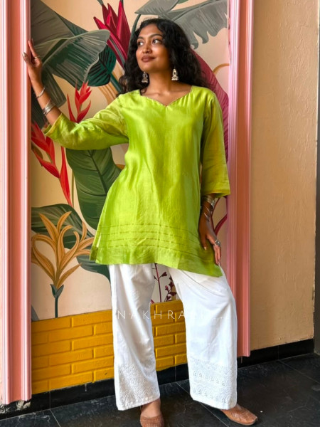 Rainbow Green Short Kurti Minimal Border Detail