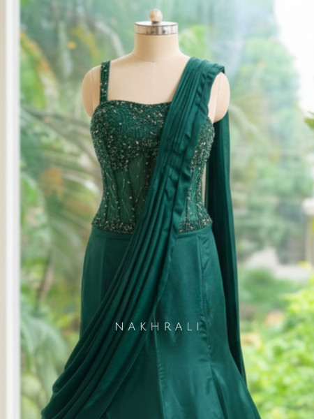 Green Emerald Cascade Embellished Drape Gown