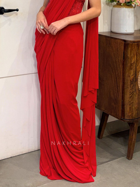 Aarvika Red Drape Saree with Beaded Corset Blouse