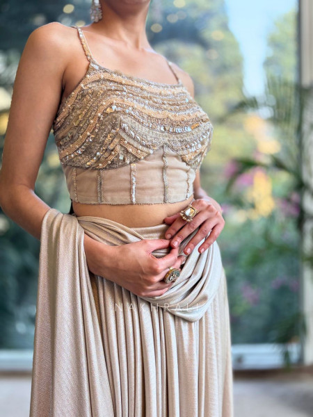 Solyn Beige Embellished Pre-Draped Saree Set