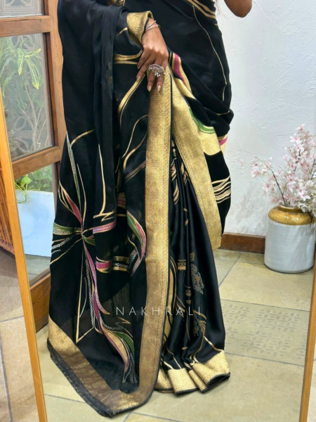 Noir Botanica Black Silk Saree With Abstract Floral Print & Antique Gold Zari Border