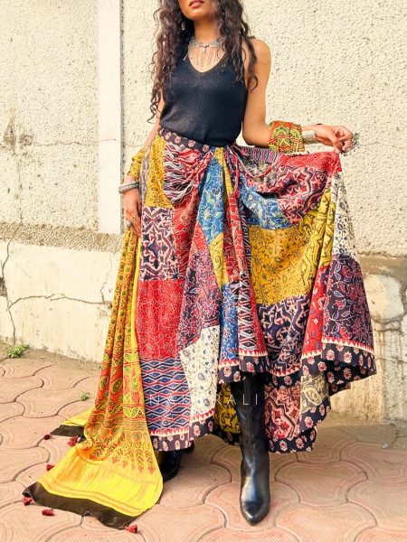 Atrangi Multicolor Patchwork Skirt with Printed Panels