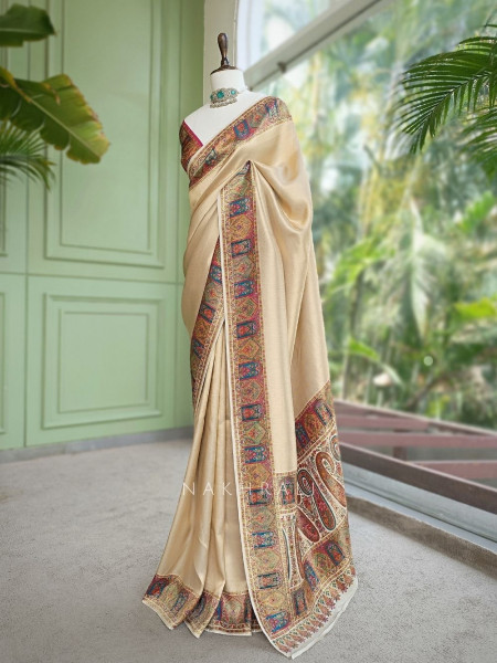 Kalptaru Cream Munga Tussar Georgette Silk Blend Saree with Kashmiri Jamawar Border