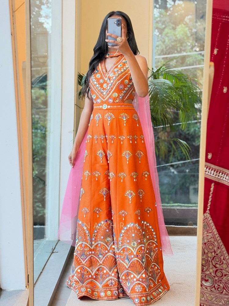 Image of Sunlit Empress  Orange Silk Blend Indo-Western Jumpsuit