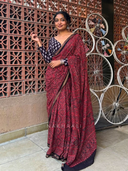 Rubaab Red Kota Doriya Saree with Ajrakh-Inspired Floral Print