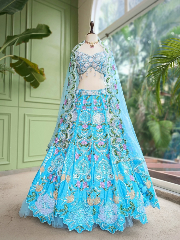 Image of Firoza Mehrunissa Scalloped Blue Kalidar Lehenga Set