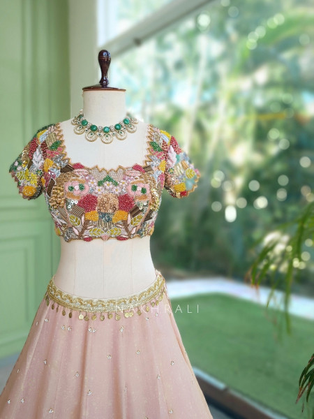 Pushpaveda Blush Pink Shimmer Lehenga With 3D Beadwork, Floral Print & Sequin Detail