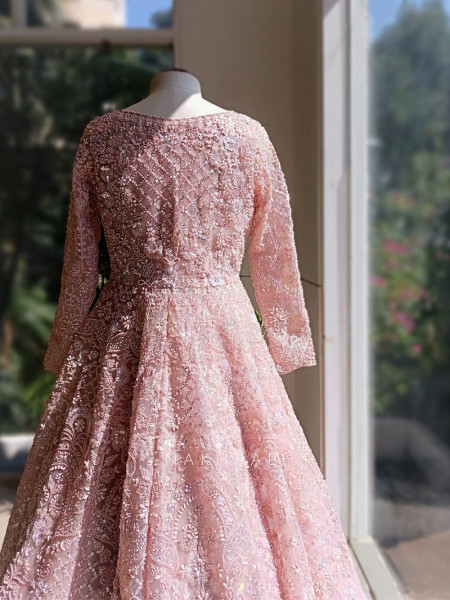 Aurelia Pink Net Silk Achkan Lehenga with Sequin Cut Dana Work
