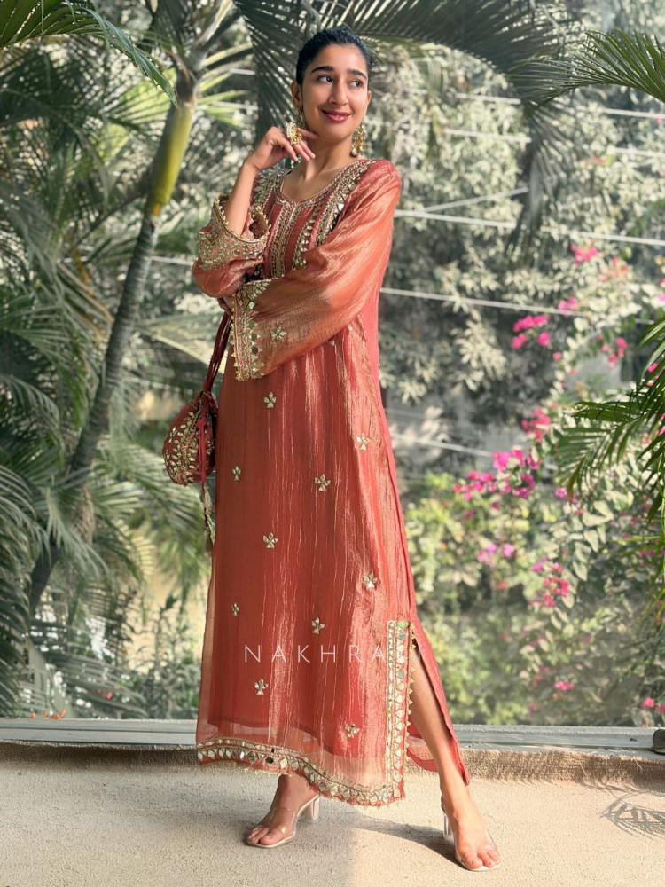 Image of Poise Gajari Tissue Long Dress with Mirror and Zari Work