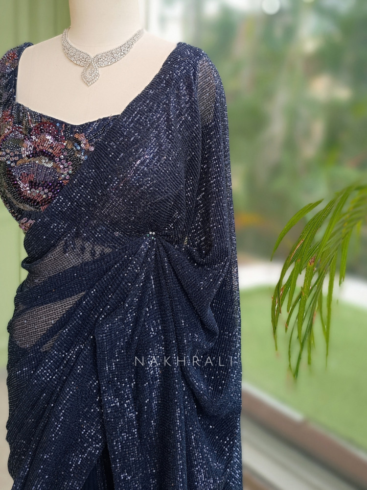 Image of Samyra Blue Micro-Sequined Georgette Draped Saree with Readymade Blouse