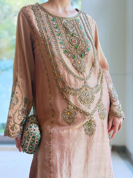 Firdaus Jewel-Neck Peach Suit Set