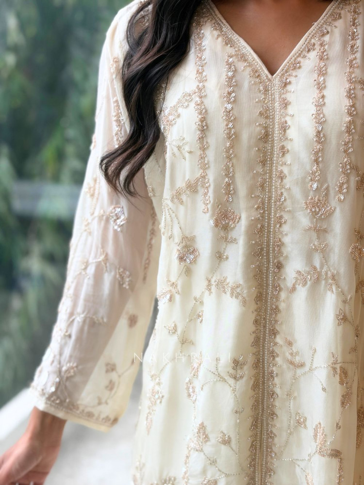 Image of Sorrel Cream Organza Georgette Layered Sharara Suit Set