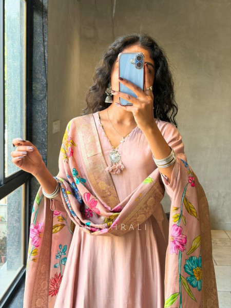 Zyrika Peach Anarkali Suit Set with Floral Dupatta