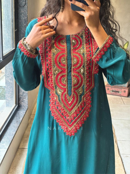 Bib Tunic Teal Blue Kurta Palazzo Set