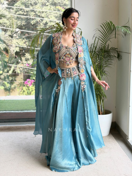 Arabesque Teal Blue Indo-Western Crop Top Palazzo Set with Cape Jacket