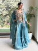 Arabesque Teal Blue Indo-Western Crop Top Palazzo Set with Cape Jacket