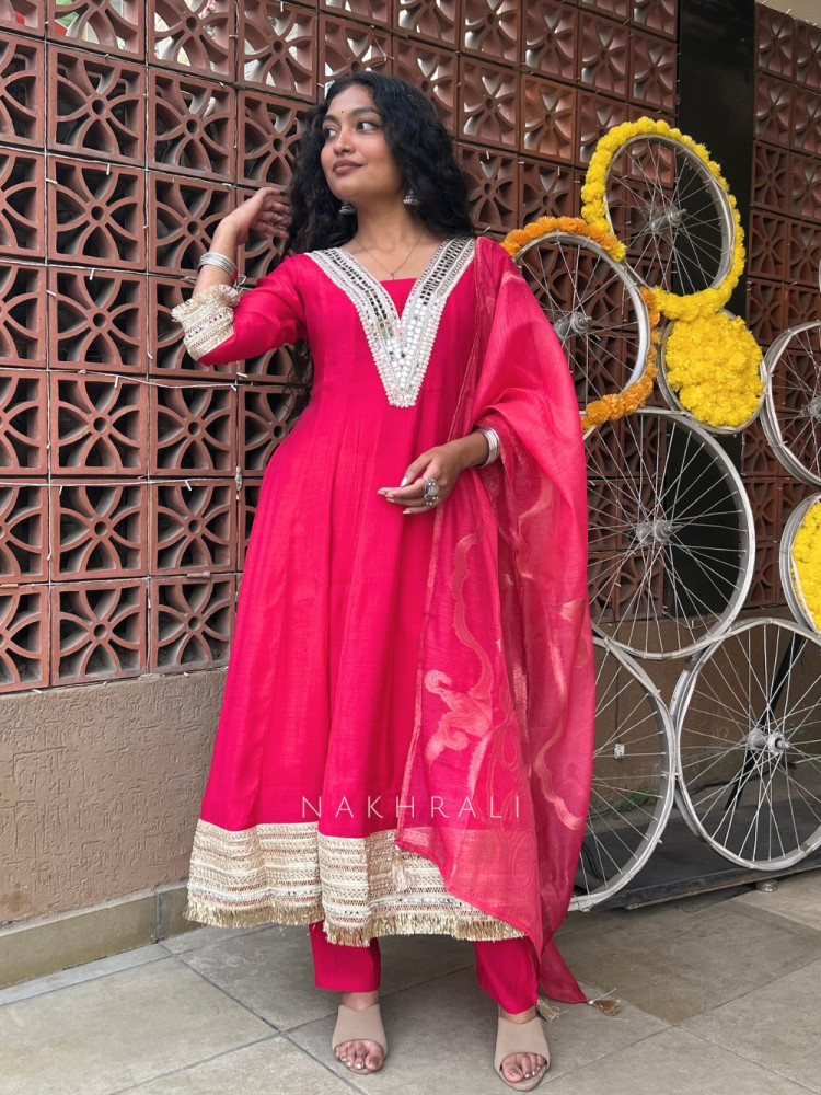 Image of GlitzGalore Magenta Silk Anarkali Suit Set