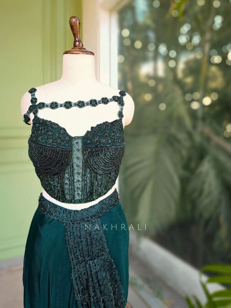 Noctra Green Drape Saree with Corset Blouse
