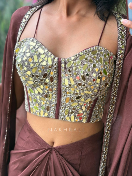 Glimmering  Brown Georgette Crop Top Dhoti Skirt Set with Cape