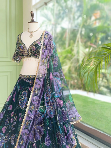 Sweetheart Bottle Green Organza Silk Lehenga Set