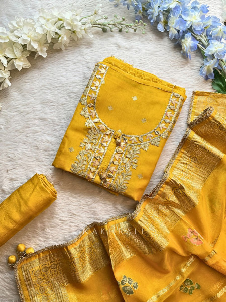 Zeenat Charm Yellow Dress Material Set with Embroidered Detailing