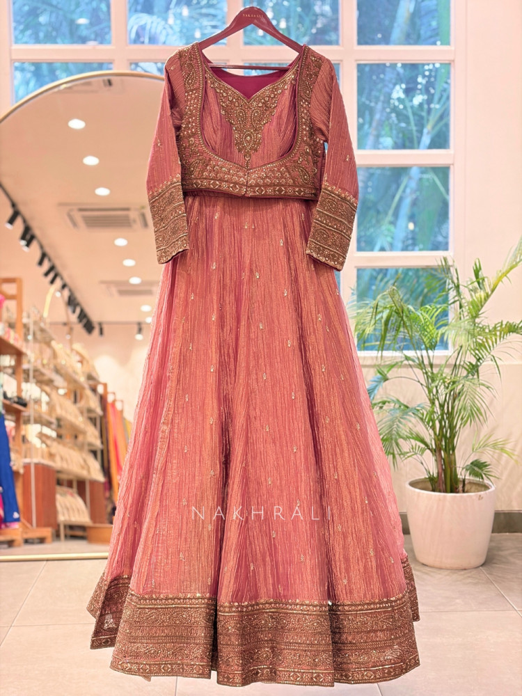 Image of Mrigya Onion Pink Anarkali Suit Set With Hand Embellished Zari &amp; Sequin Work