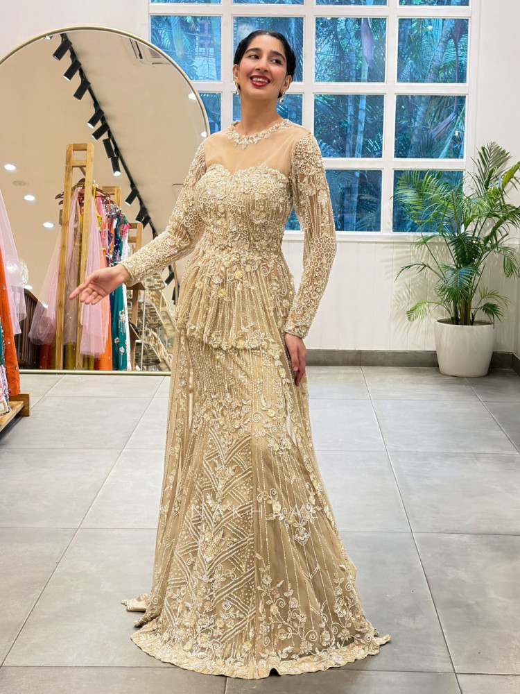 Image of Solenne Beige Soft Net Indo-Western Skirt Set