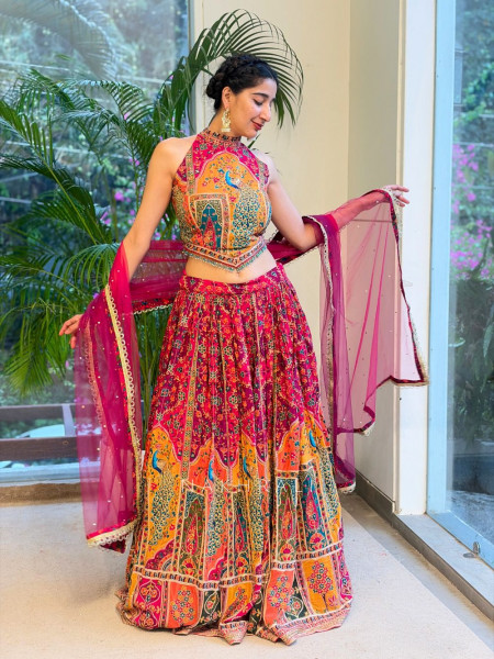 Gulnaar-e-Ishq Peacock Print Halter Neck Lehenga Set
