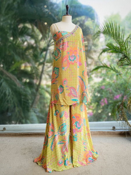 Mira Lime Floral One-Shoulder Kaftan Palazzo Set