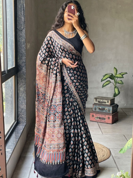 Chaaya Black Modal Saree with Ajrakh Print