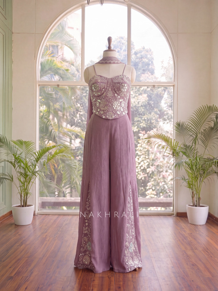 Image of Serenelle Purple Crushed Georgette Indo-Western Palazzo Set