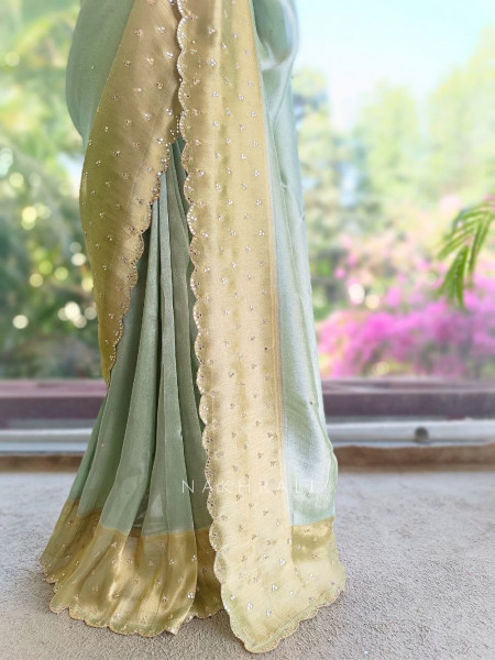 Kamali Pista Green Saree with Mirror Work