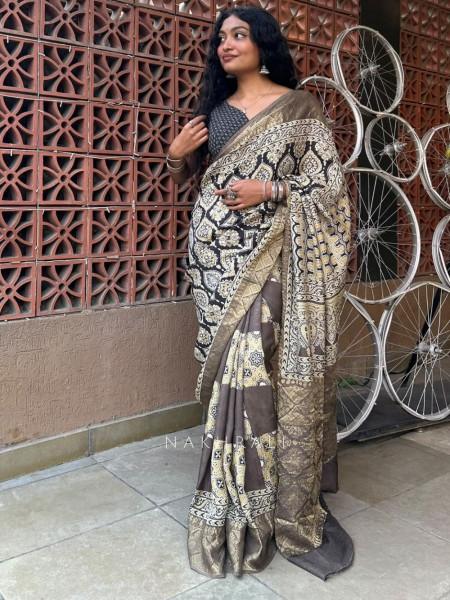 Earthbound Brown Dola Silk Ajrakh Printed Saree