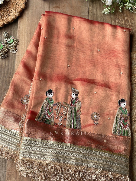 Kalpika  Peach  Organza Silk Saree With Jaimala Zardosi Motif Work