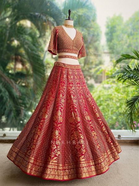 Veerangana Red Silk Bridal Lehenga with Zari Weave