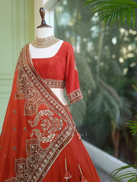 Vrishti Brick Lehenga Set with Peacock and Sequin Embroidery