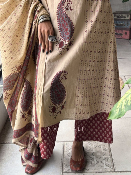 Rangini Red Cotton Suit Set with Paisley Print