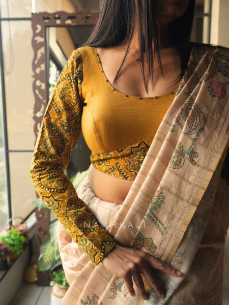 Taal Rang Mustard Cotton Blouse with Beaded Neckline