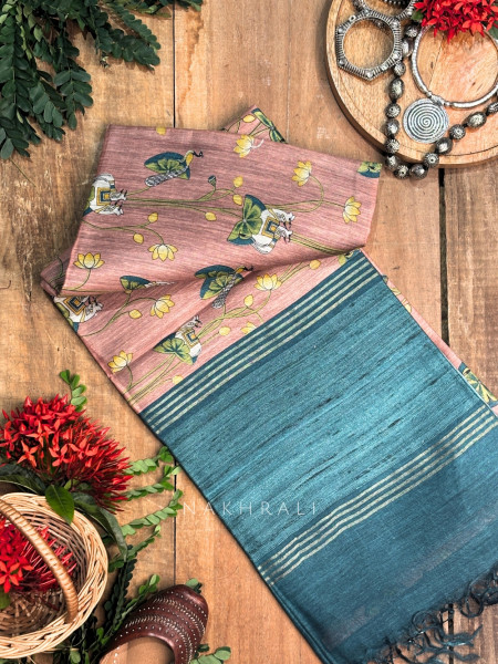 Chitrawali Pink Tussar Silk Saree with Pichwai Art