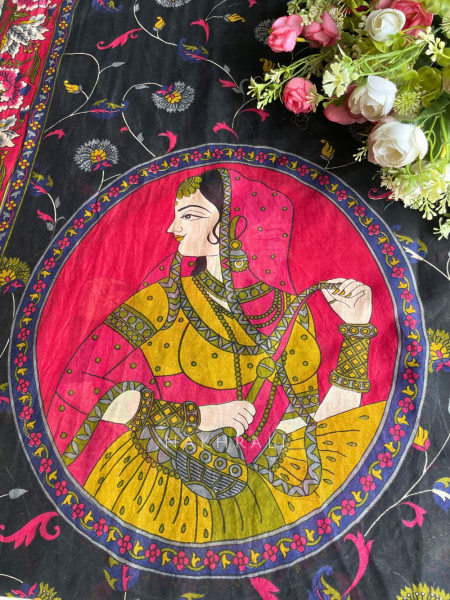 Cylora Black Cotton Dress Material with Floral Border Print