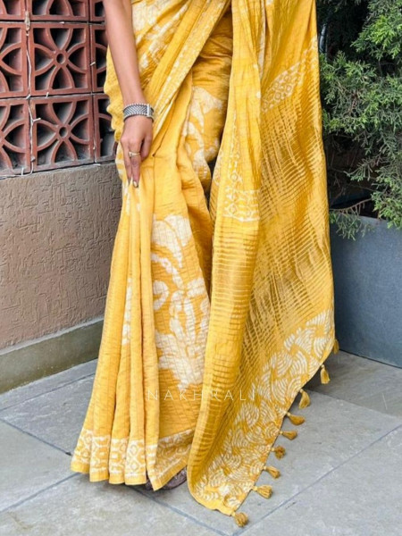Shubhta Yellow Batik Printed Saree with Tassel Pallu