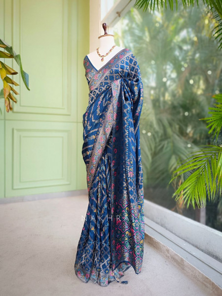 Solvara Blue Bandhani Saree with Traditional Border