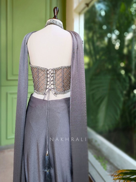 Serene Silver Corset Skirt Set with Stone Embellished Work