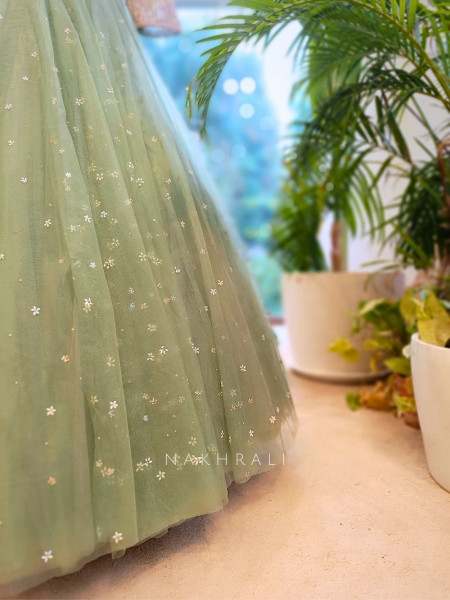 Lustre Enchant Sage Green Net Lehenga with Heavy Embroidered Blouse