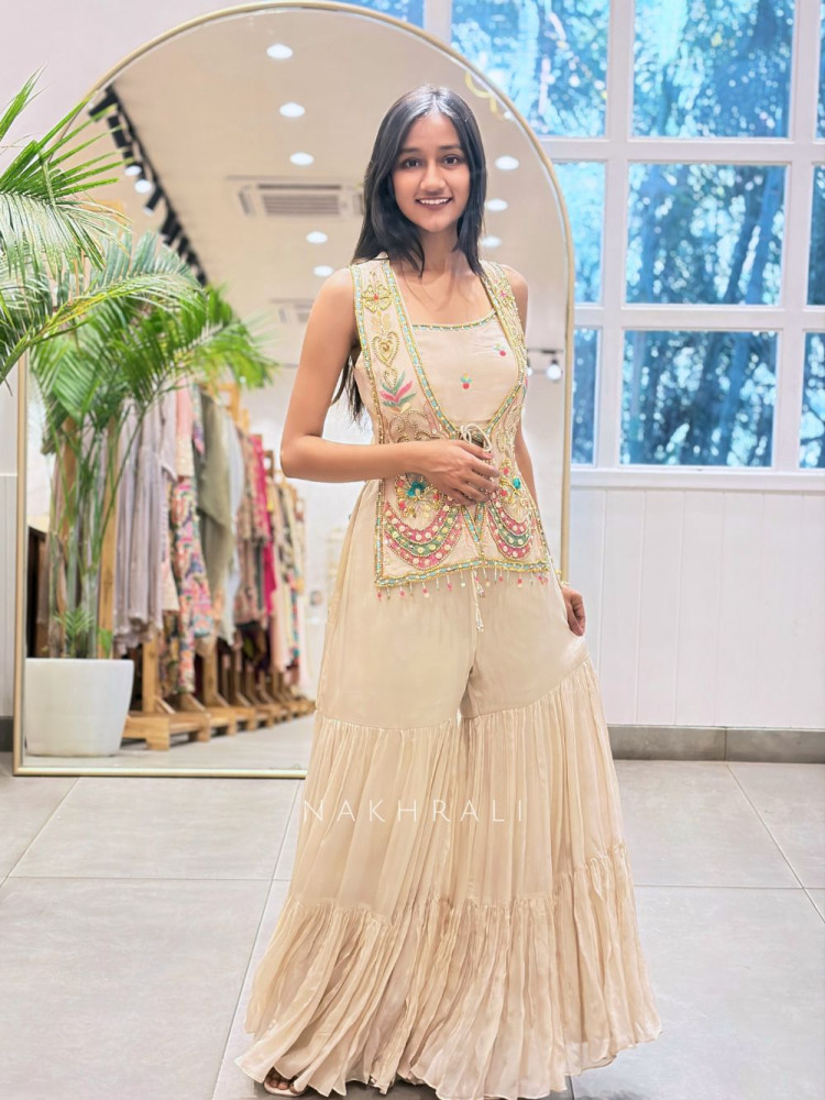 Image of Sorella Beige Indo-Western Sharara Set with Beads Sequin Work