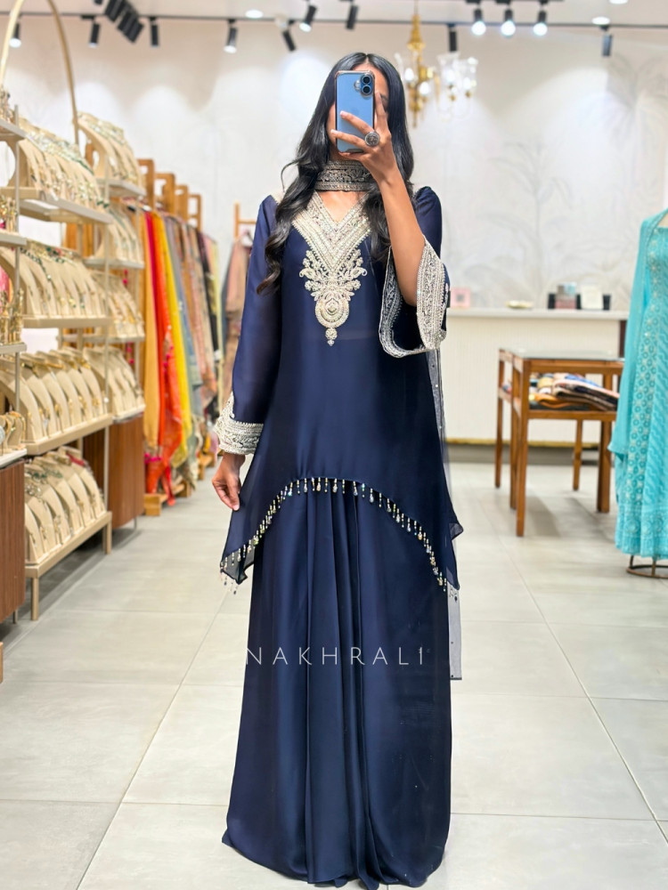 Image of Mehtab Blue Silver-Yoke Kurta Skirt Set