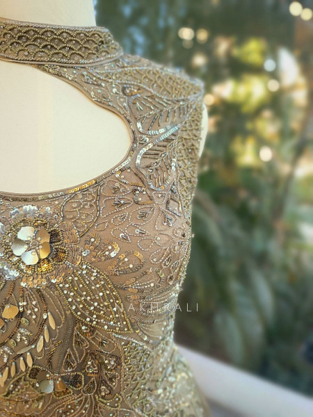 Velisse Olive Green Indowestern Gown with Sequin Bead and Cut Dana Work