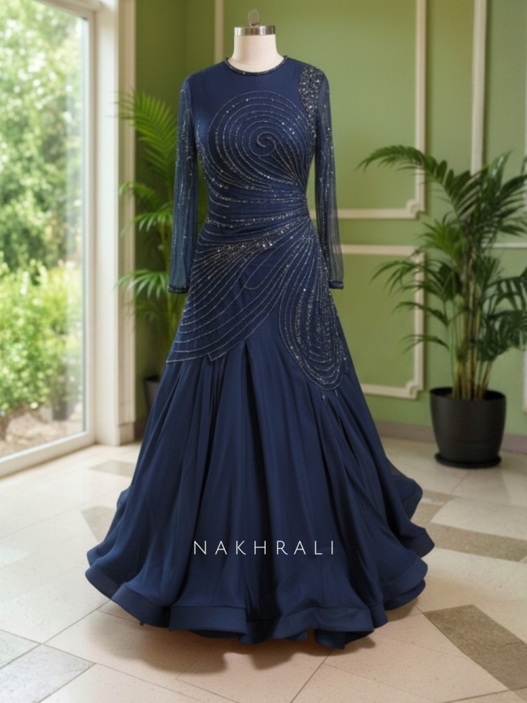 Image of Blue Party Gown with Sequins Work